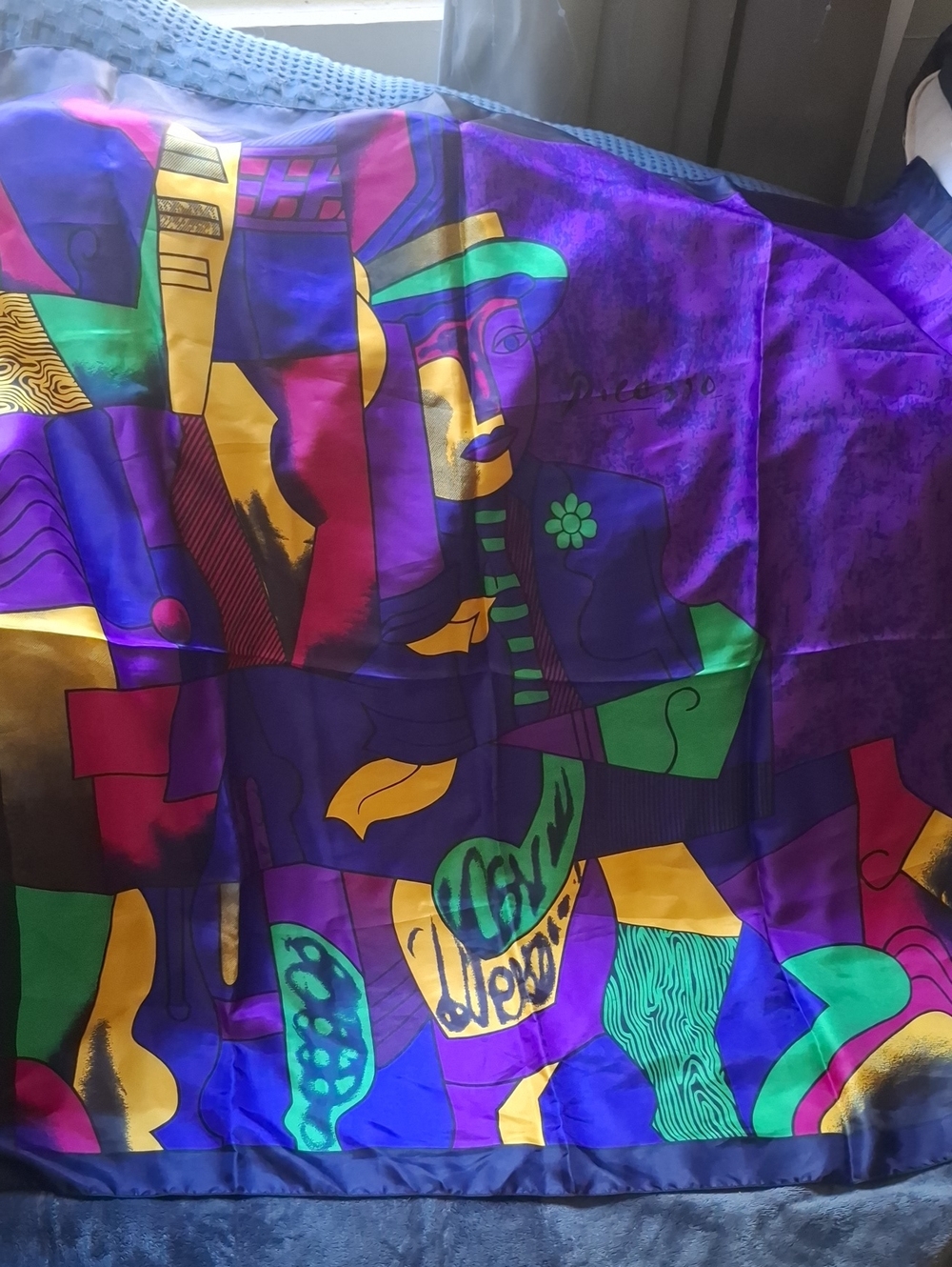 Vibrant Abstract Purple Green Yellow Blue Silk Scarf